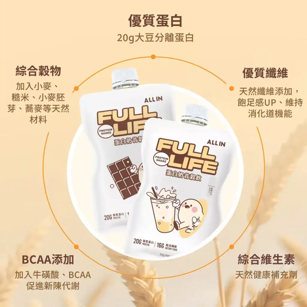 ALL IN 蛋白奶昔飲穀飲：結合蛋白＋全穀，方便沖泡，適合日常補充